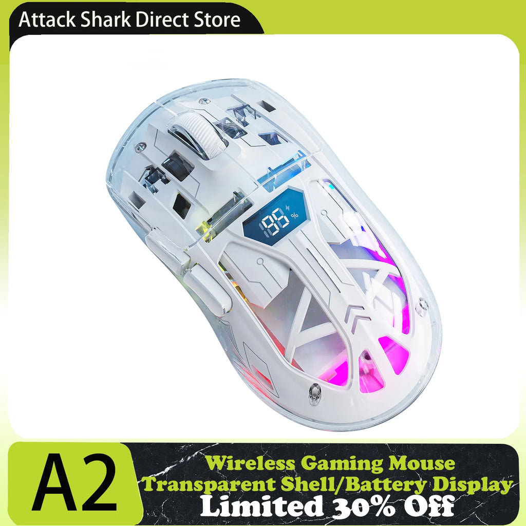 FreeWolf A2 Transparent RGB Wireless Gaming Mouse – Battery Display, Bluetooth & 2.4G, PixArt PAW3212 Sensor