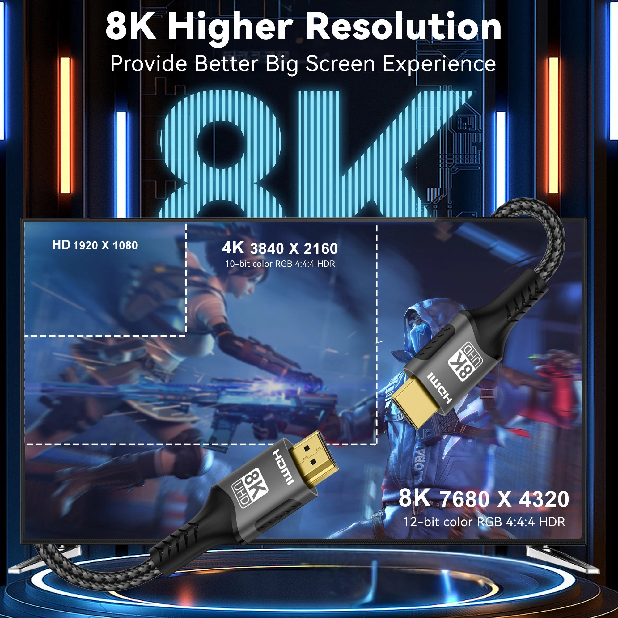 8K HDMI 2.1 Cable – 48Gbps Ultra High-Speed, 4K@120Hz / 8K@60Hz, eARC/ARC, HDCP for PC, Laptop, Projector, HDTV, PS5 (1m/2m/3m)