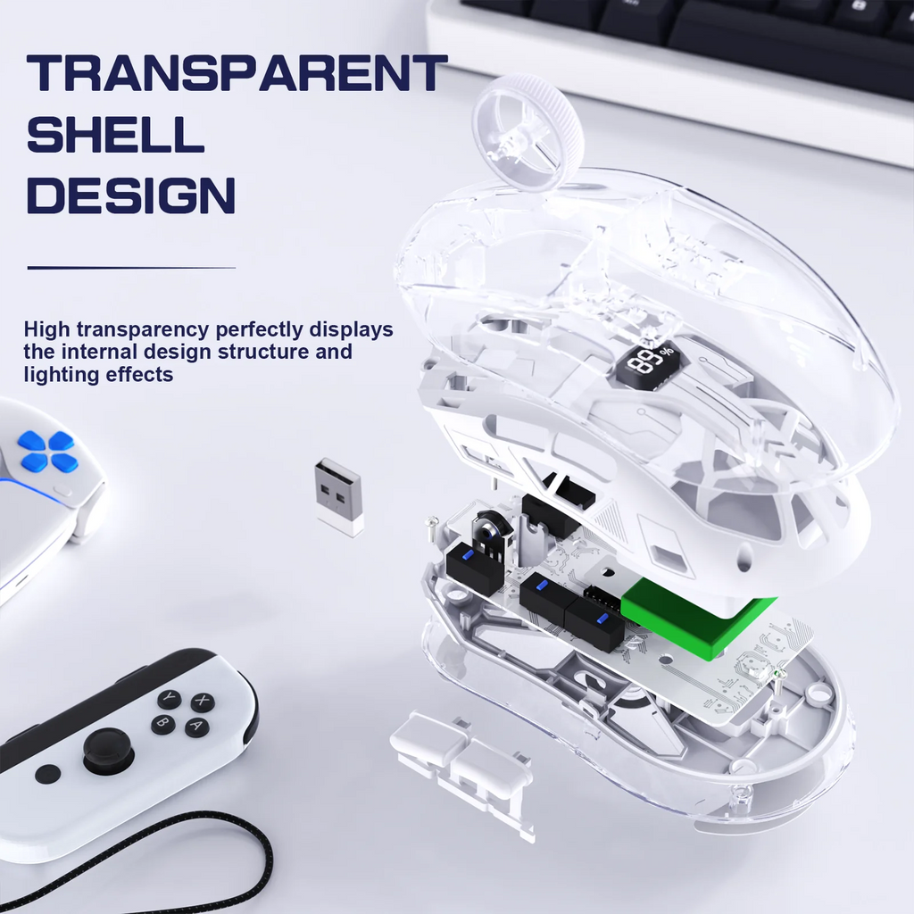 FreeWolf A2 Transparent RGB Wireless Gaming Mouse – Battery Display, Bluetooth & 2.4G, PixArt PAW3212 Sensor