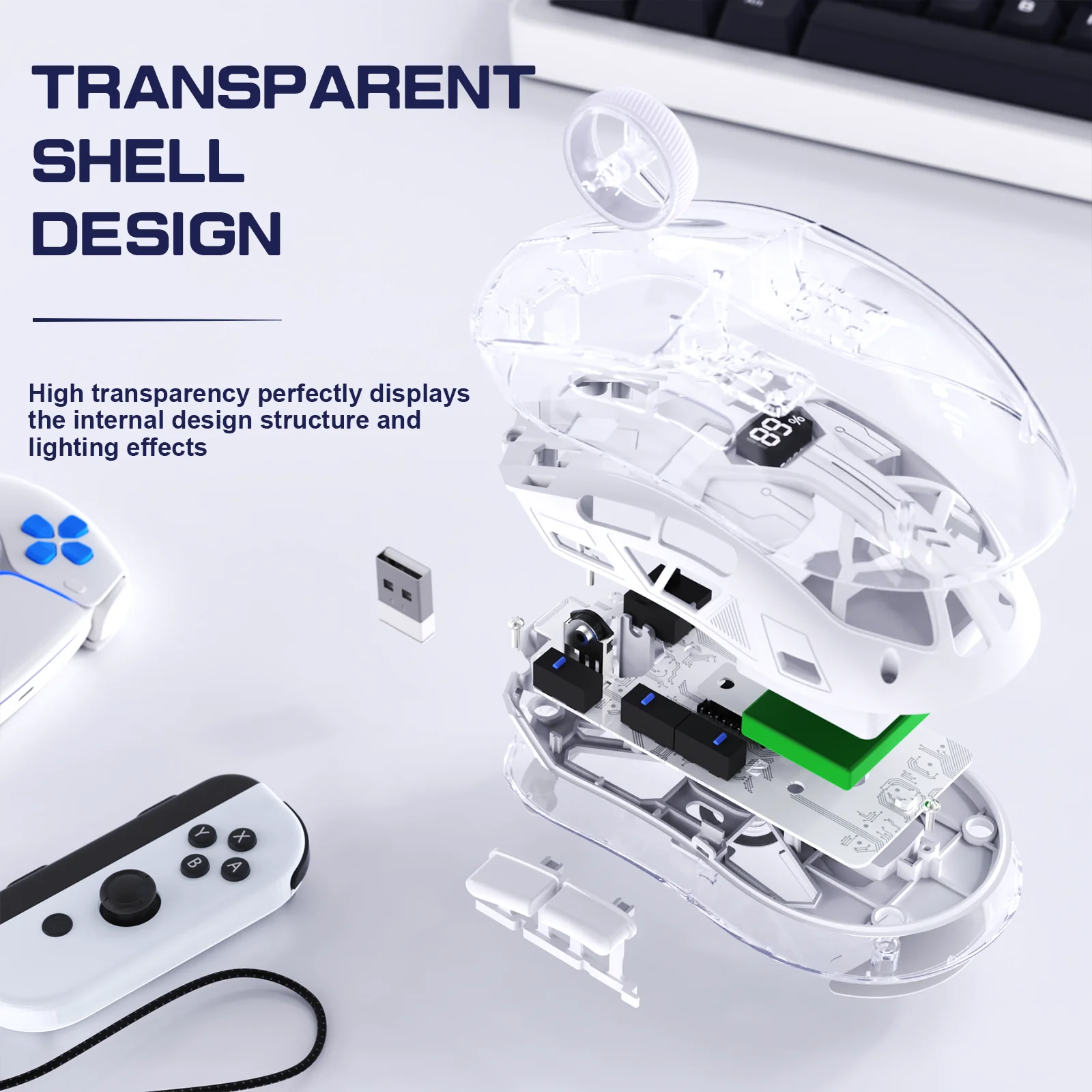 FreeWolf A2 Transparent RGB Wireless Gaming Mouse – Battery Display, Bluetooth & 2.4G, PixArt PAW3212 Sensor