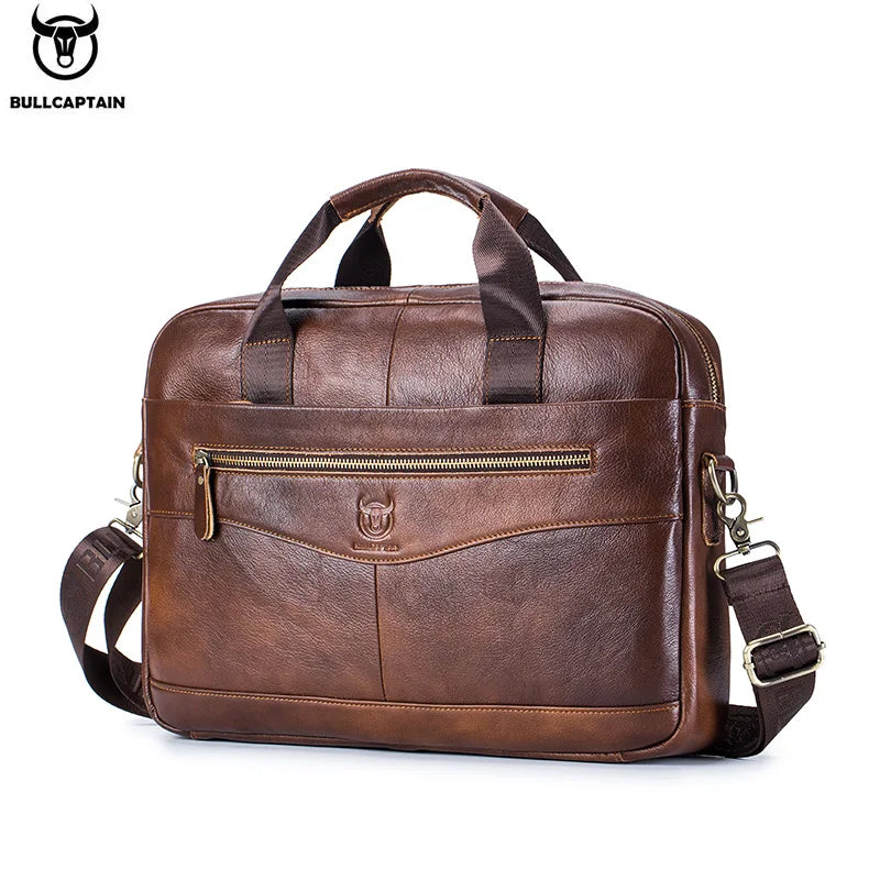 BULLCAPTAIN Genuine Leather 14-inch Laptop Briefcase - Men's Shoulder Messenger Bag for Office & Business