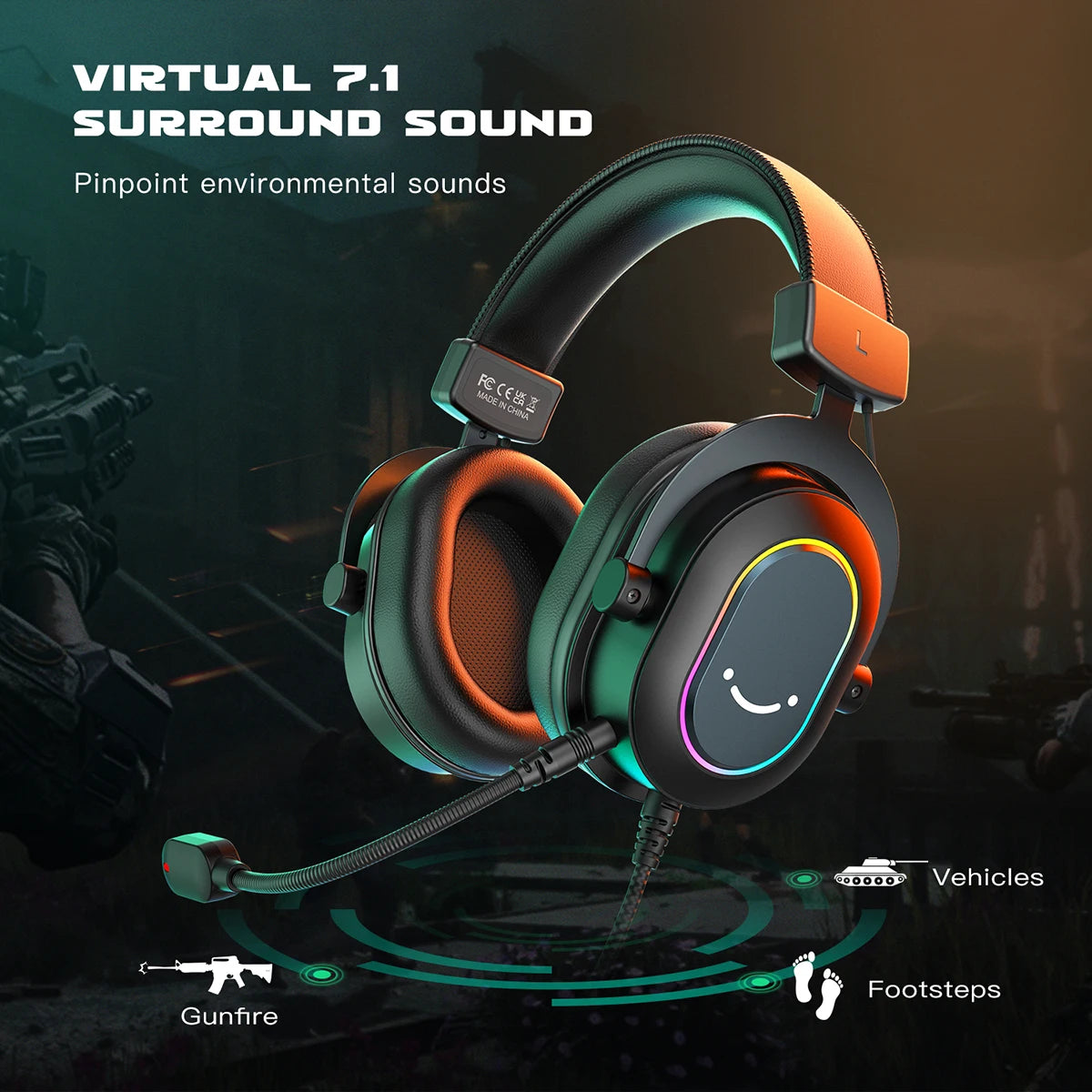 FIFINE RGB Gaming Headset with Mic – 7.1 Surround Sound, Over-Ear, 3 EQ Modes for PC/PS4/PS5