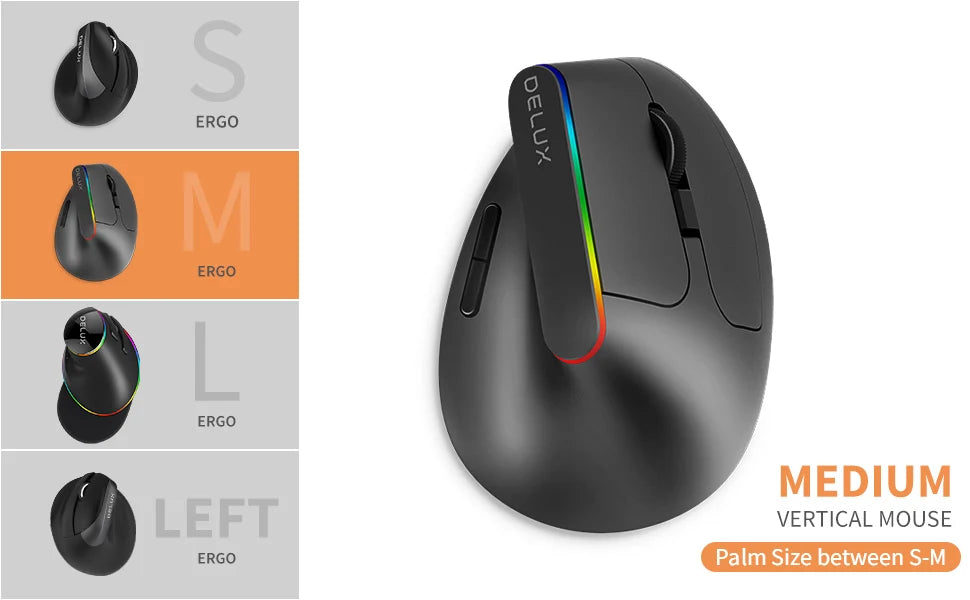 Delux Ergonomic Vertical Wireless Mouse – Rechargeable, RGB, Bluetooth & 2.4G, 4,000 DPI, Silent Clicks, for Laptop & PC