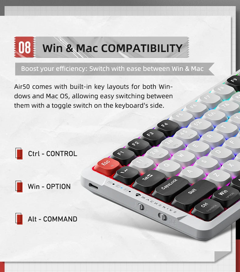 MACHENIKE AIR50 Low-Profile Mechanical Keyboard – 75% Layout, Hot-Swap, RGB Backlit, Tri-Mode, Productivity Keyboard for Laptop & PC