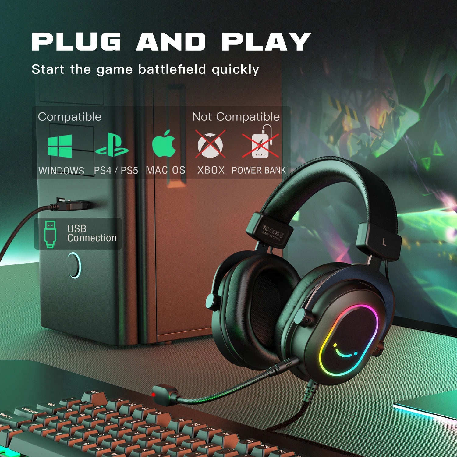 FIFINE RGB Gaming Headset with Mic – 7.1 Surround Sound, Over-Ear, 3 EQ Modes for PC/PS4/PS5