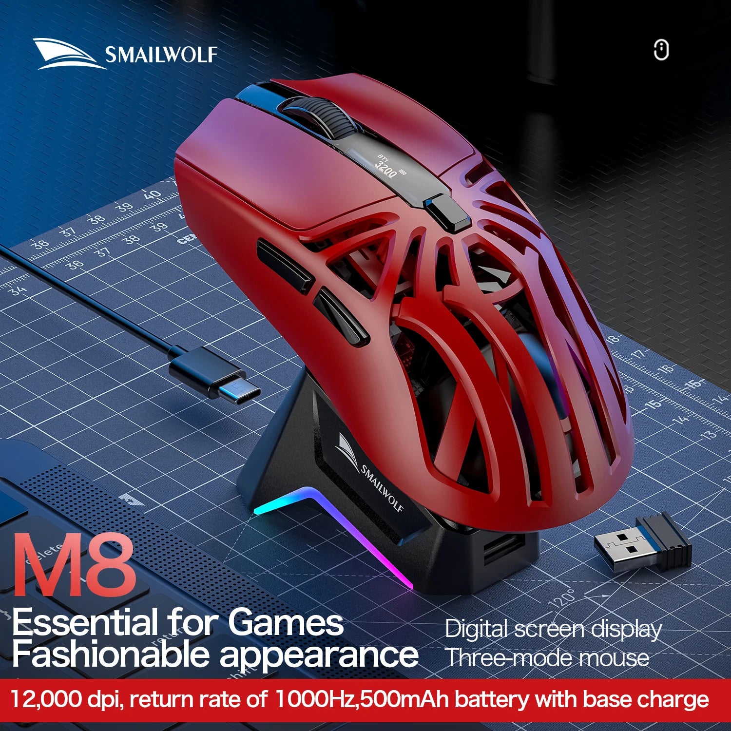SMAILWOLF RS8 Tri-Mode Gaming Mouse – Bluetooth / 2.4G / Wired, 10,000 DPI, 1,000Hz Polling Rate, Lightweight, Macro Support