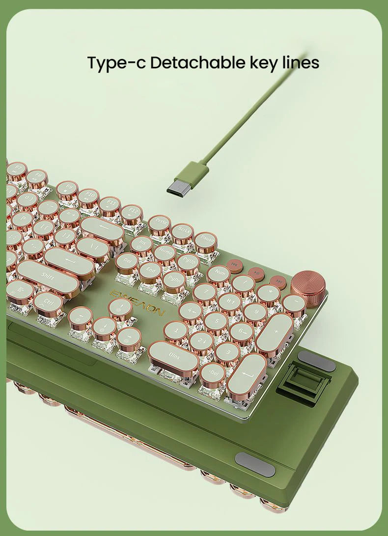 EWEADN V20 Punk Typewriter Mechanical Gaming Keyboard – 104 Keys, Round Keycaps, LED White Backlight, Key-Wire Separation Design