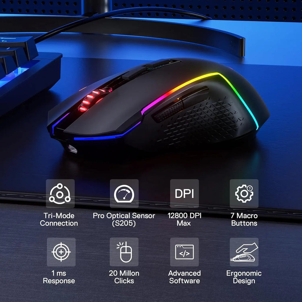 Redragon M693 LIT Wireless Gaming Mouse – 12,800 DPI, 3-Mode Connection (Bluetooth & 2.4G), 7 Macro Buttons