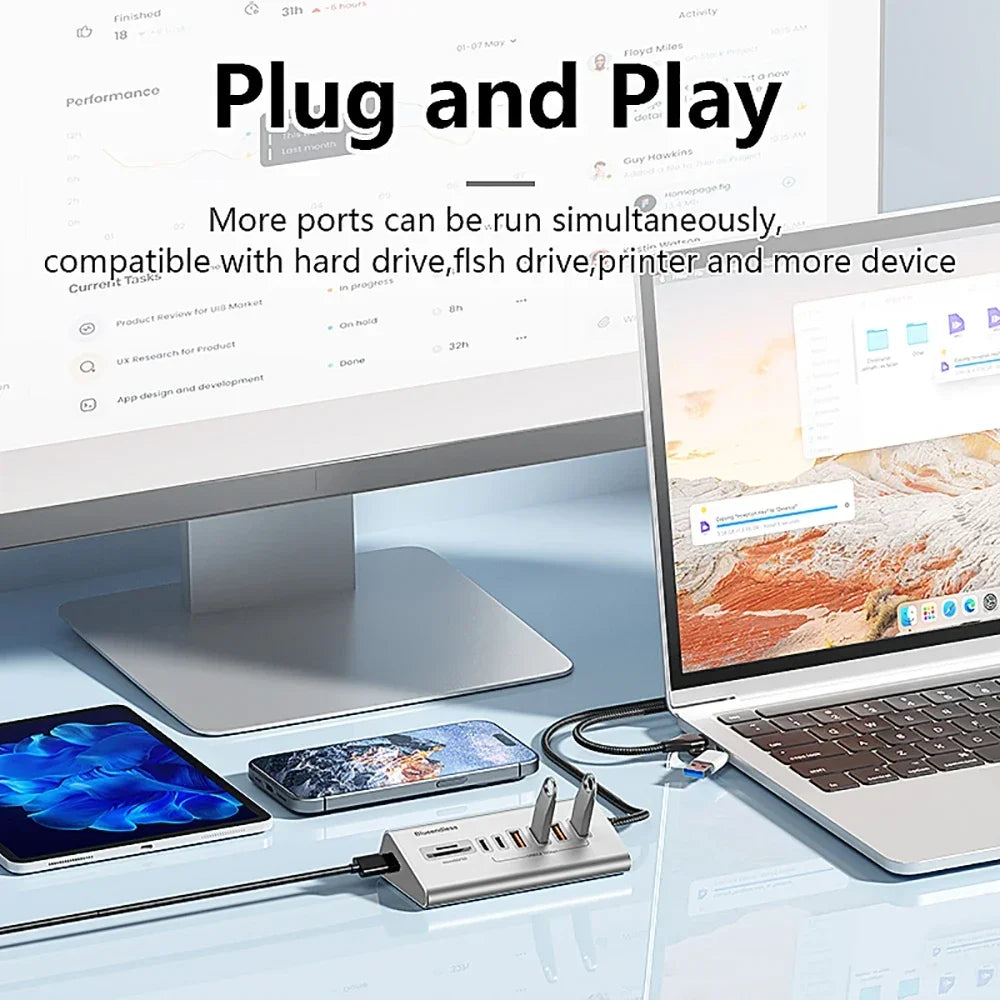 10Gbps USB 3.2 Docking Station USB Hub Type C Splitter with Card Reader Aluminum Alloy Multi 8/9 Ports Switch For PC Laptop