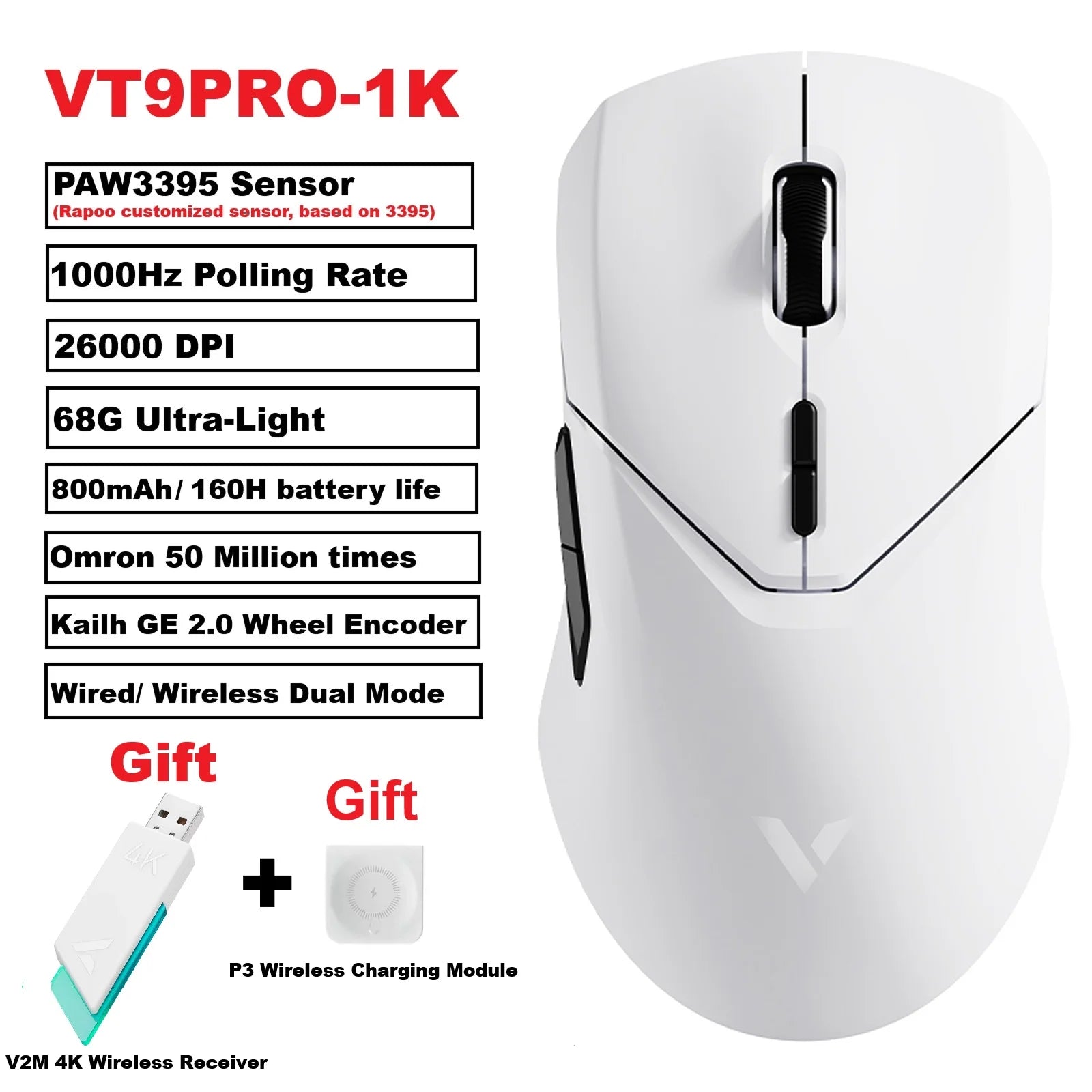 Rapoo VT9 PRO Wireless Gaming Mouse – PAW3398 Sensor, 26,000 DPI, 68g Lightweight, Wired & Wireless, 160H Long Battery Life