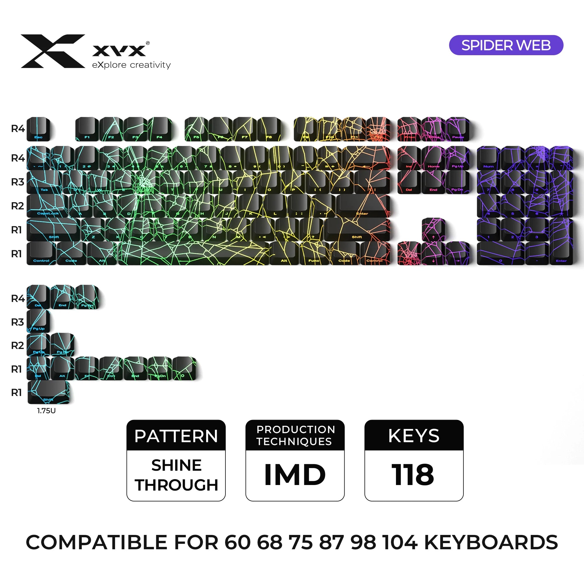 XVX Spider Web Keycaps – OEM Profile, Shine-Through IMD-Tech Keycap Set, 118 Keys, Black Backlight (Keycaps Only)