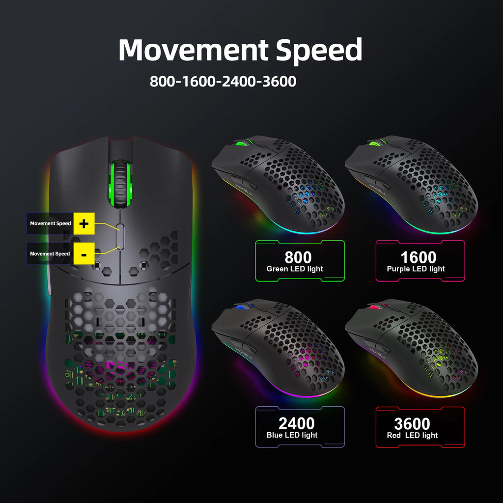 RGB Ultralight Honeycomb Wireless Gaming Mouse – 2.4G Wireless, Charging Support, 3,600 DPI, 6-Button Design, for Laptop & PC Gamers