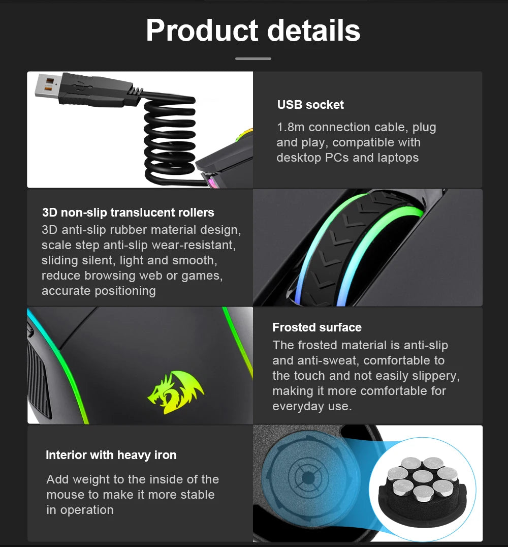 Redragon Lonewolf G105 RGB USB Wired Gaming Mouse – 8,000 DPI, 8 Programmable Buttons, Ergonomic Design for PC & Laptop Gamers