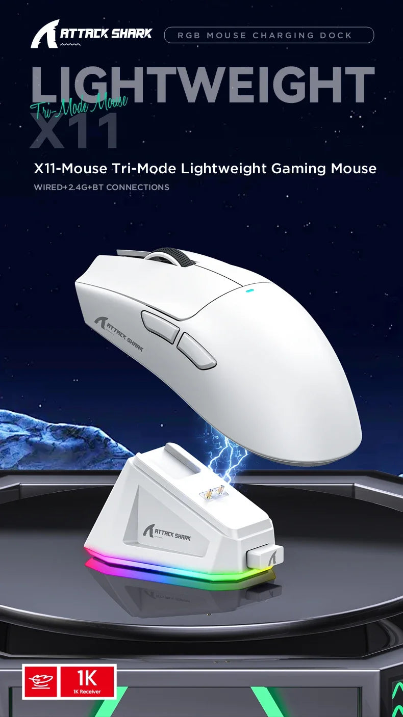 ATTACK SHARK X11 Wireless Gaming Mouse – PAW3311 Sensor, Bluetooth & 2.4G, 400 IPS, RGB, for PC