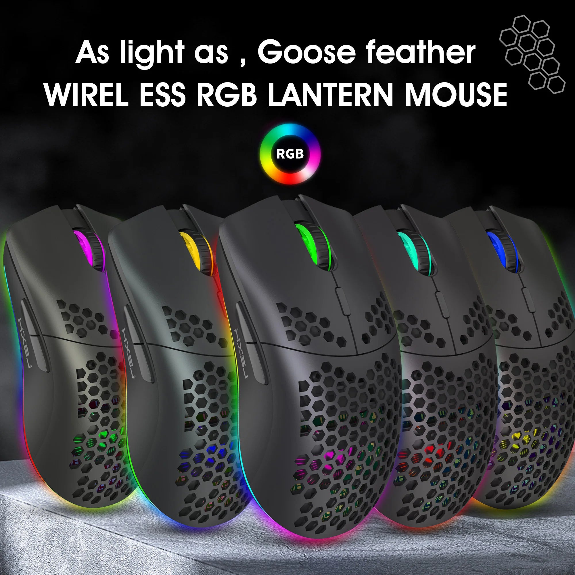 RGB Ultralight Honeycomb Wireless Gaming Mouse – 2.4G Wireless, Charging Support, 3,600 DPI, 6-Button Design, for Laptop & PC Gamers