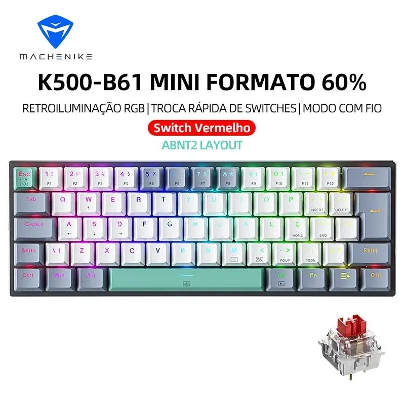 Machenike K500-B61 Mini Mechanical Keyboard – 60%, ABNT2 Layout, RGB Backlight, Hot-Swappable, NKRO, Wired Gaming Keyboard