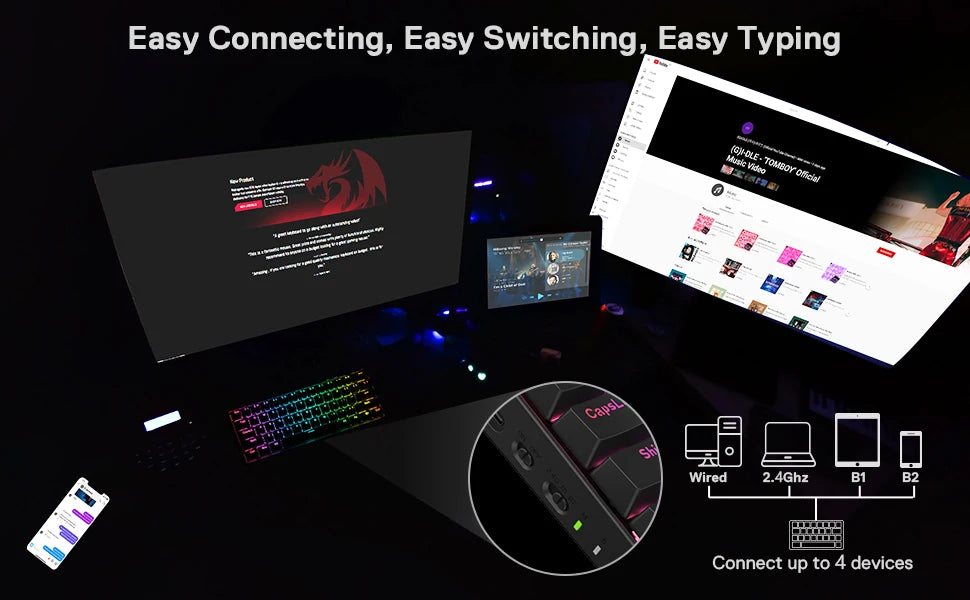 Redragon K530 Pro Draconic Mechanical Keyboard – 61 Keys (60%), Wireless RGB, Hot-Swap Socket, Bluetooth / 2.4GHz / Wired 3-Mode