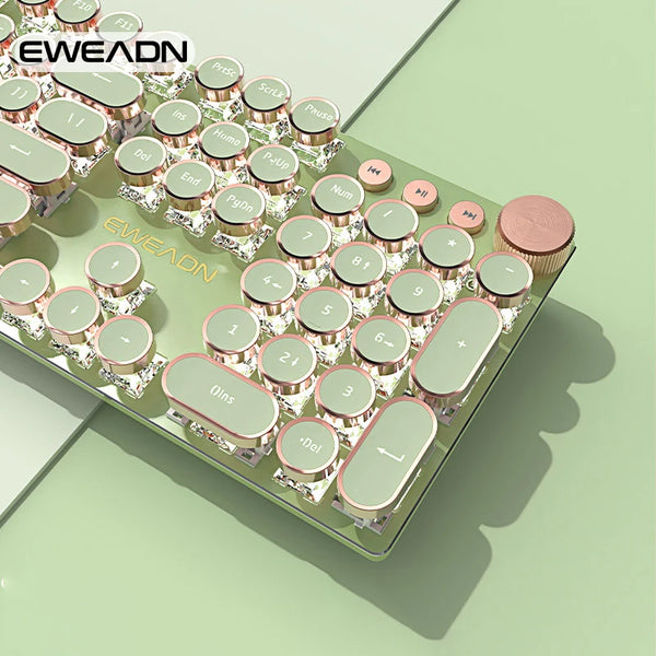 EWEADN V20 Punk Typewriter Mechanical Gaming Keyboard – 104 Keys, Round Keycaps, LED White Backlight, Key-Wire Separation Design