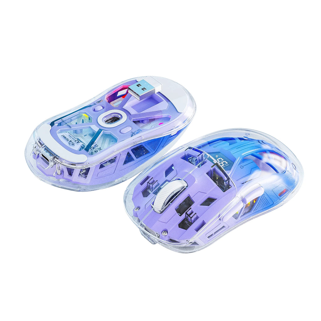 FreeWolf A2 Transparent RGB Wireless Gaming Mouse – Battery Display, Bluetooth & 2.4G, PixArt PAW3212 Sensor