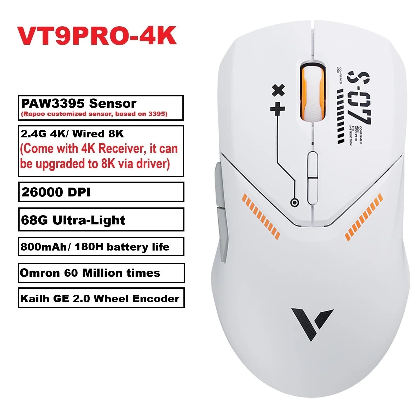 Rapoo VT9 PRO Wireless Gaming Mouse – PAW3398 Sensor, 26,000 DPI, 68g Lightweight, Wired & Wireless, 160H Long Battery Life