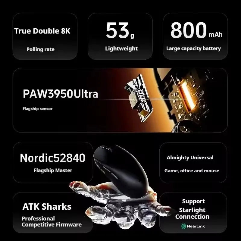 ATK Dragonfly A9 Series Wireless Gaming Mouse – Tri-Mode Connection, PAW3950 Sensor, Nordic 52840 Chip, 8K Polling Rate, 53g Lightweight, for Laptop & PC Gaming