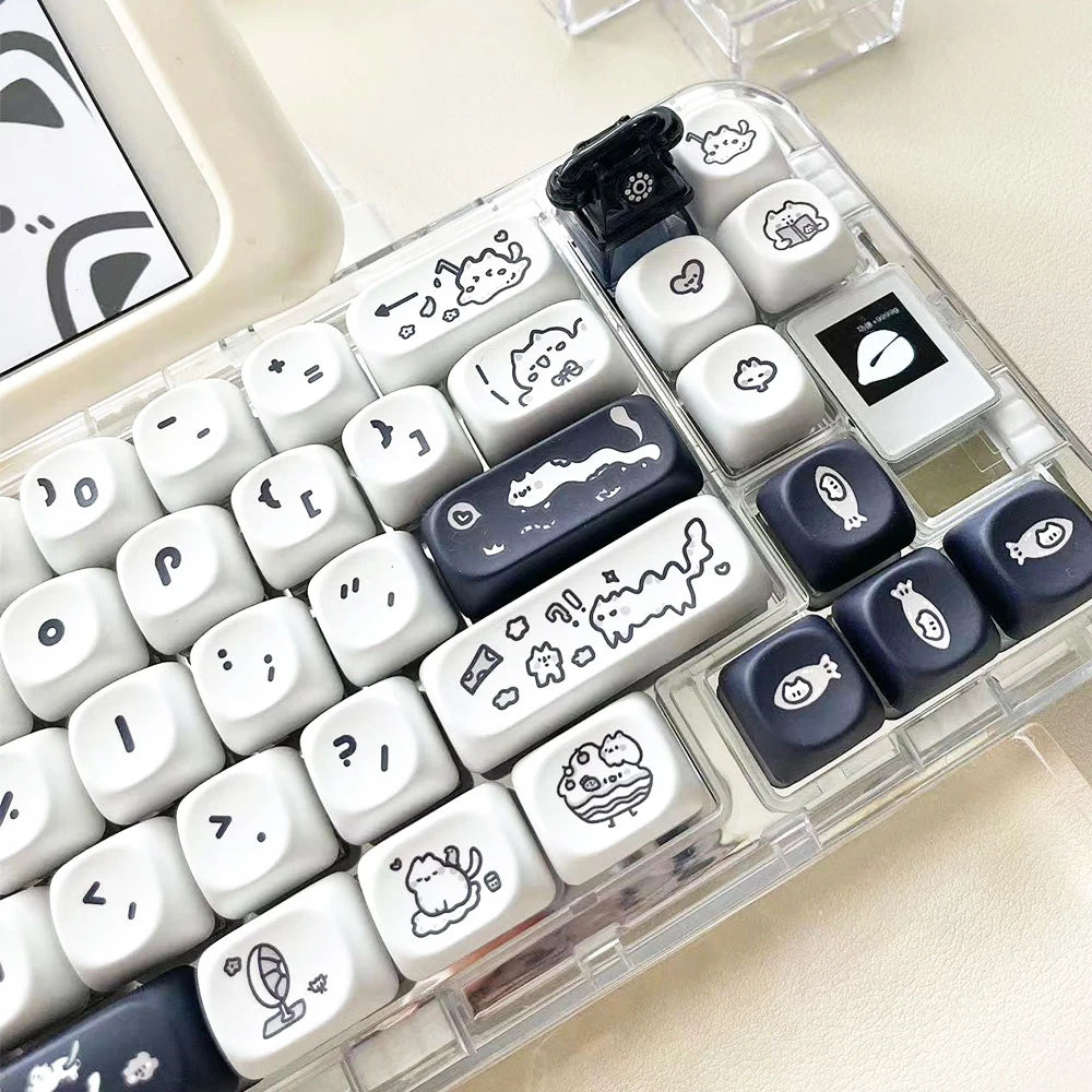 Naught Cat Black & White Keycaps – 140 Keys, MOA Profile, PBT Dye-Sublimation, for MX Switch Gaming Mechanical Keyboard