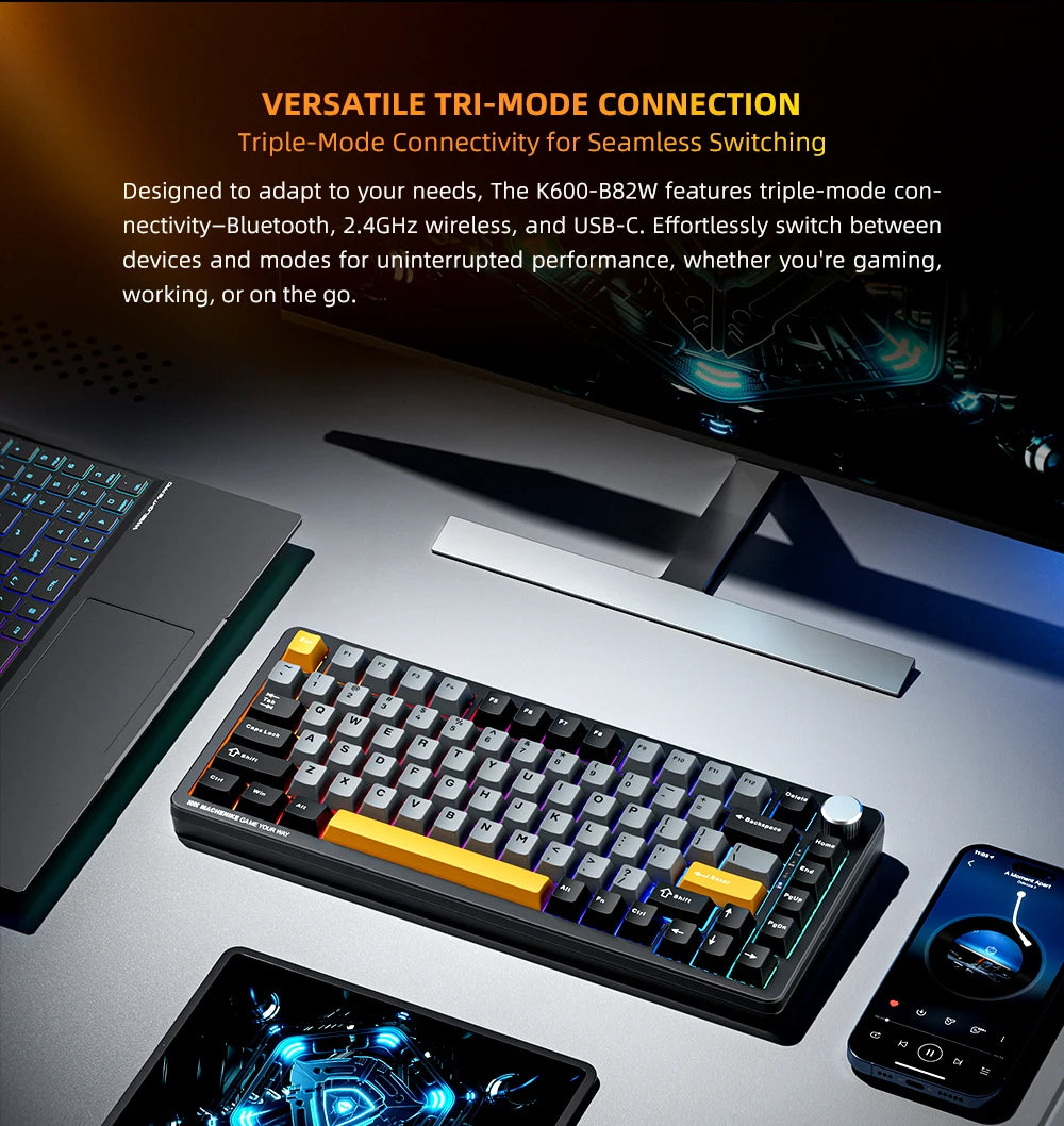 Machenike K600-B82W Mechanical Keyboard – 75% ANSI Layout, Gasket Mounted, RGB Backlit, Tri-Mode Wireless Gaming Keyboard