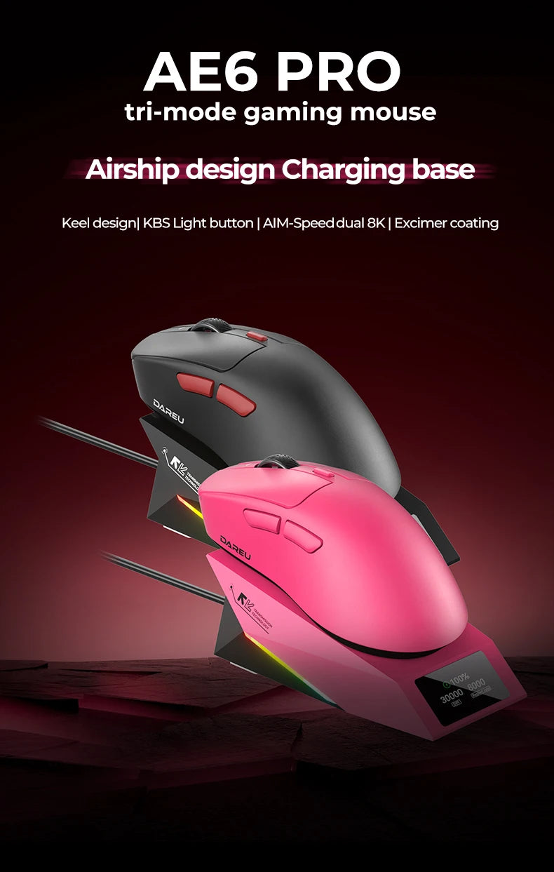 DAREU Wireless Gaming Mouse – 8KHz Polling Rate, AIM-750 (PAW3950) Sensor, 30,000 DPI, Tri-Mode Connection, 60g Lightweight, with Charging Base