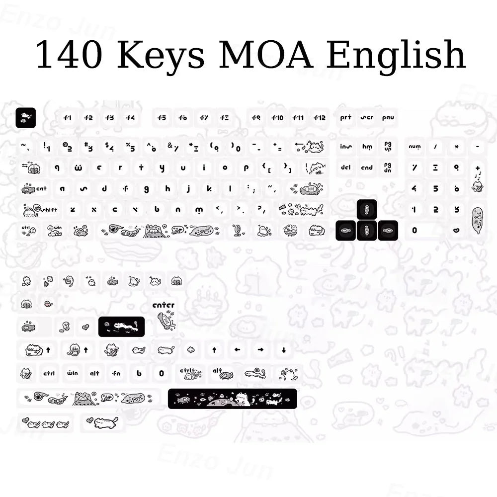 Naught Cat Black & White Keycaps – 140 Keys, MOA Profile, PBT Dye-Sublimation, for MX Switch Gaming Mechanical Keyboard