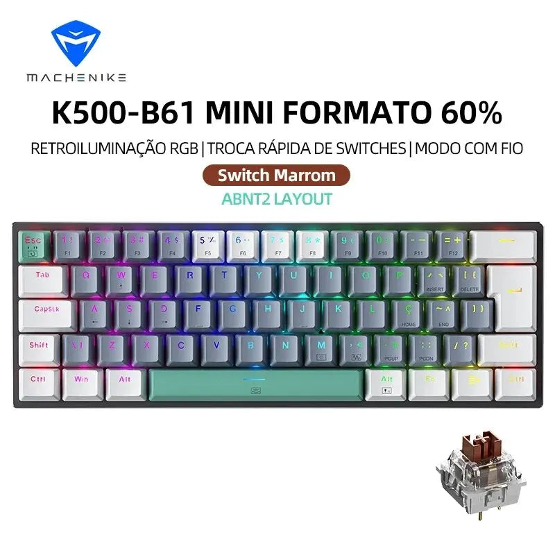 Machenike K500-B61 Mini Mechanical Keyboard – 60%, ABNT2 Layout, RGB Backlight, Hot-Swappable, NKRO, Wired Gaming Keyboard