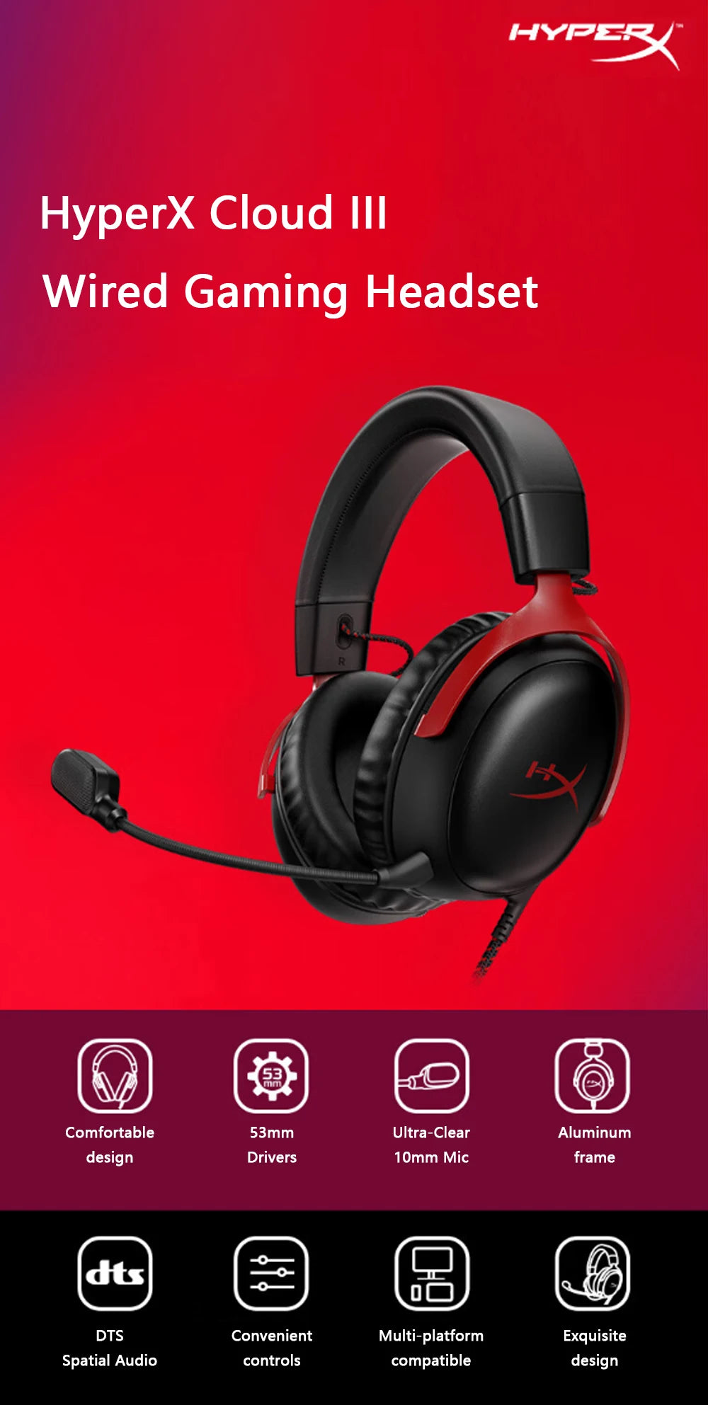 HyperX Cloud III Wired Gaming Headset – DTS Sound, Detachable Mic, USB, PC/PS/Xbox/Switch