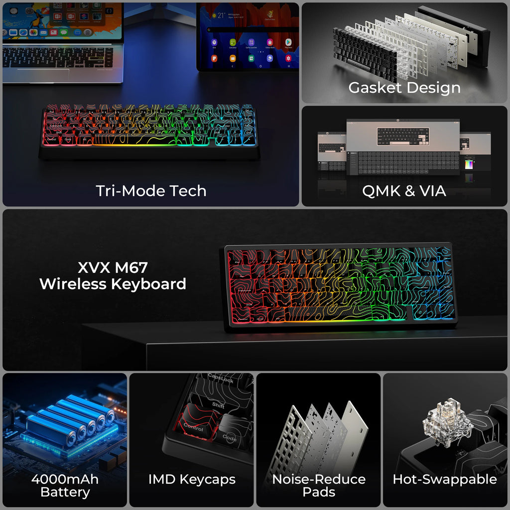 XVX M67 JadeStone Mechanical Keyboard – 65% Layout, IMD-Tech Keycaps, Hot-Swappable, Gasket Mount, Tri-Mode Wireless, Custom RGB