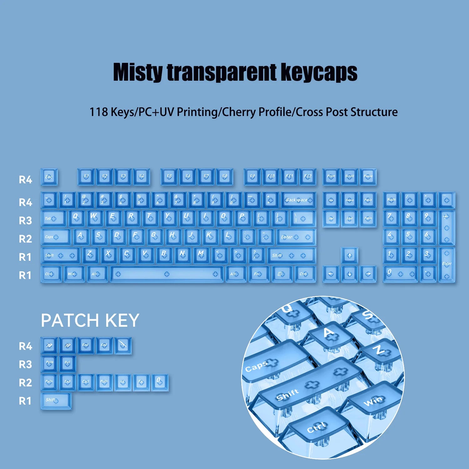 132 Keys Korean Layout Keycaps – Cherry Profile, White Transparent PC Keycaps, UV Printing Crystal Keycaps for MX Switches Gaming Keyboard