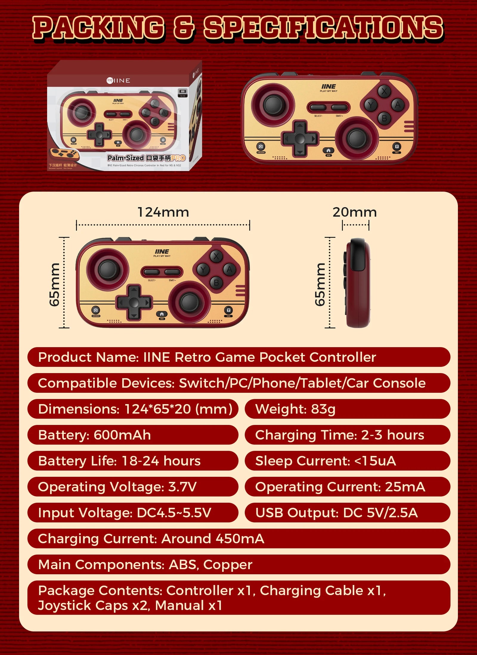 INE Retro Red Pocket Controller - Hall Effect Joysticks, 1000Hz Polling Rate, 6-Axis Gyro, Portable for Switch/PC/Mobile
