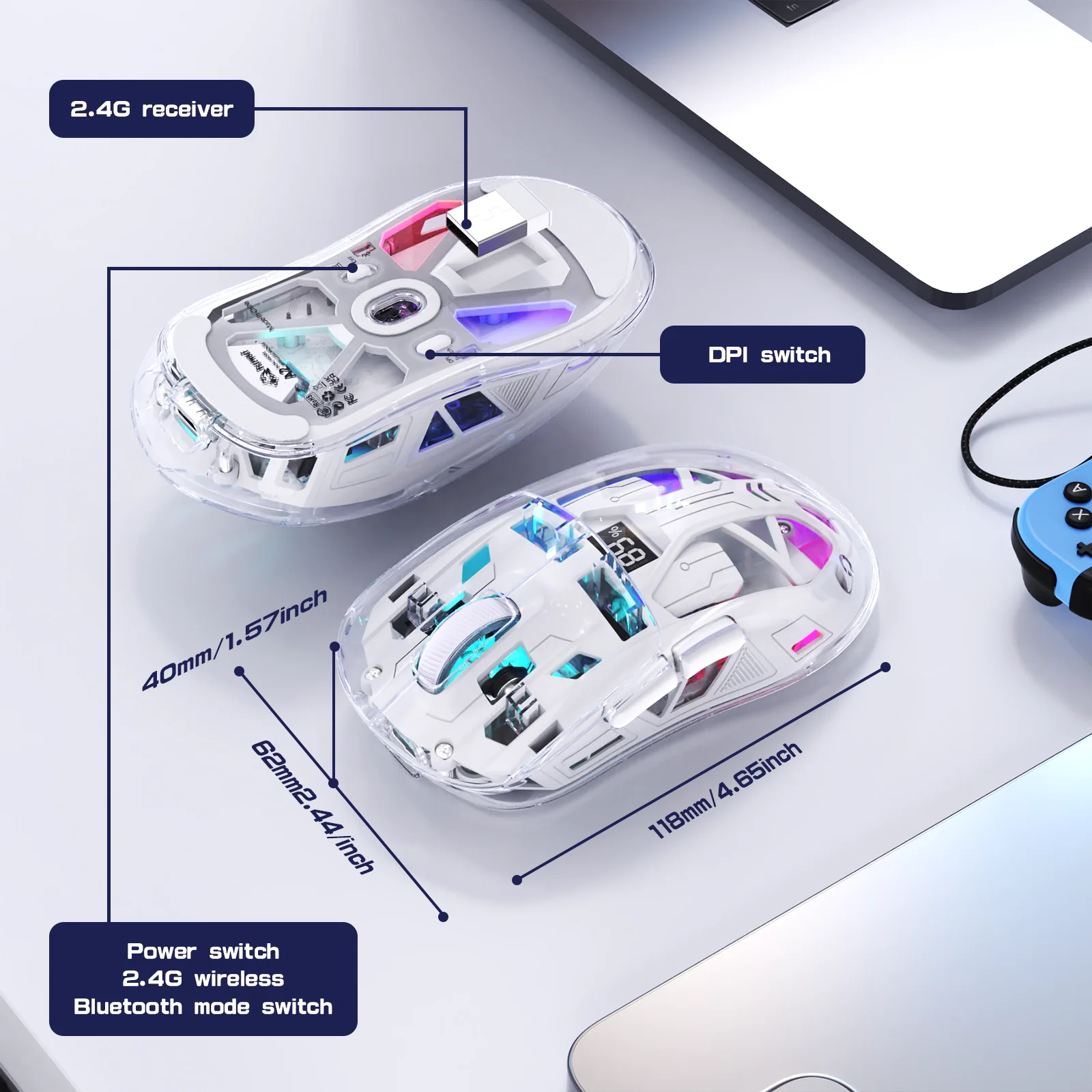 FreeWolf A2 Transparent RGB Wireless Gaming Mouse – Battery Display, Bluetooth & 2.4G, PixArt PAW3212 Sensor