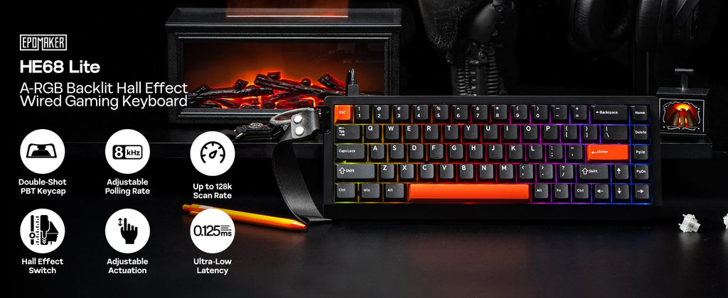 EPOMAKER HE68 Lite Mechanical Keyboard – 65% ANSI US Layout, Tray-Mounted, Wired Hall Effect Magnetic Switch, DKS SOCD, RGB Backlight