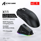 ATTACK SHARK X11 Tri-Mode Gaming Mouse – Bluetooth / 2.4G, PAW3311 Sensor, RGB, Magnetic Charging Dock, Esports Mouse