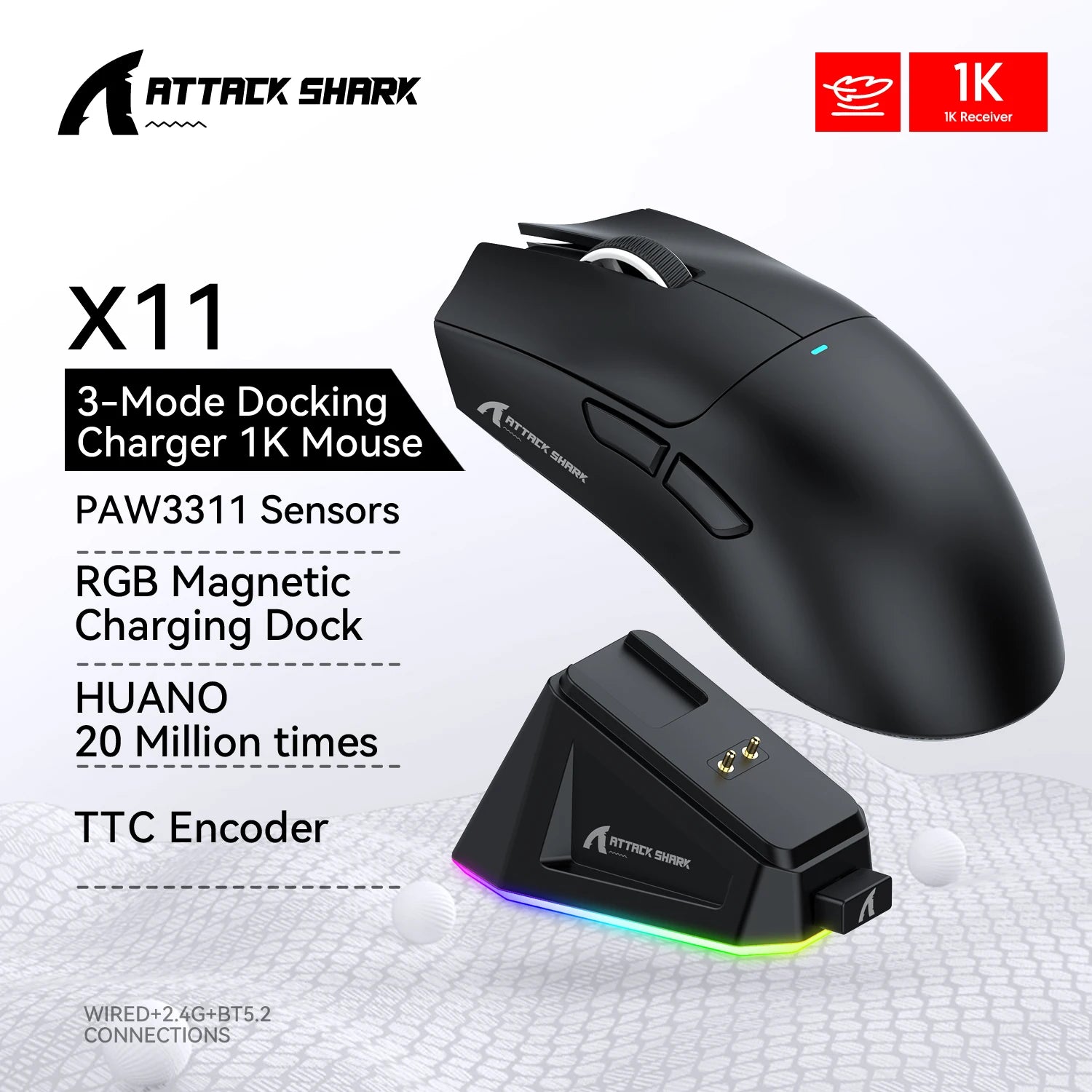 ATTACK SHARK X11 Tri-Mode Gaming Mouse – Bluetooth / 2.4G, PAW3311 Sensor, RGB, Magnetic Charging Dock, Esports Mouse