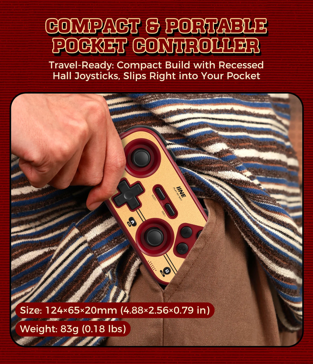 INE Retro Red Pocket Controller - Hall Effect Joysticks, 1000Hz Polling Rate, 6-Axis Gyro, Portable for Switch/PC/Mobile