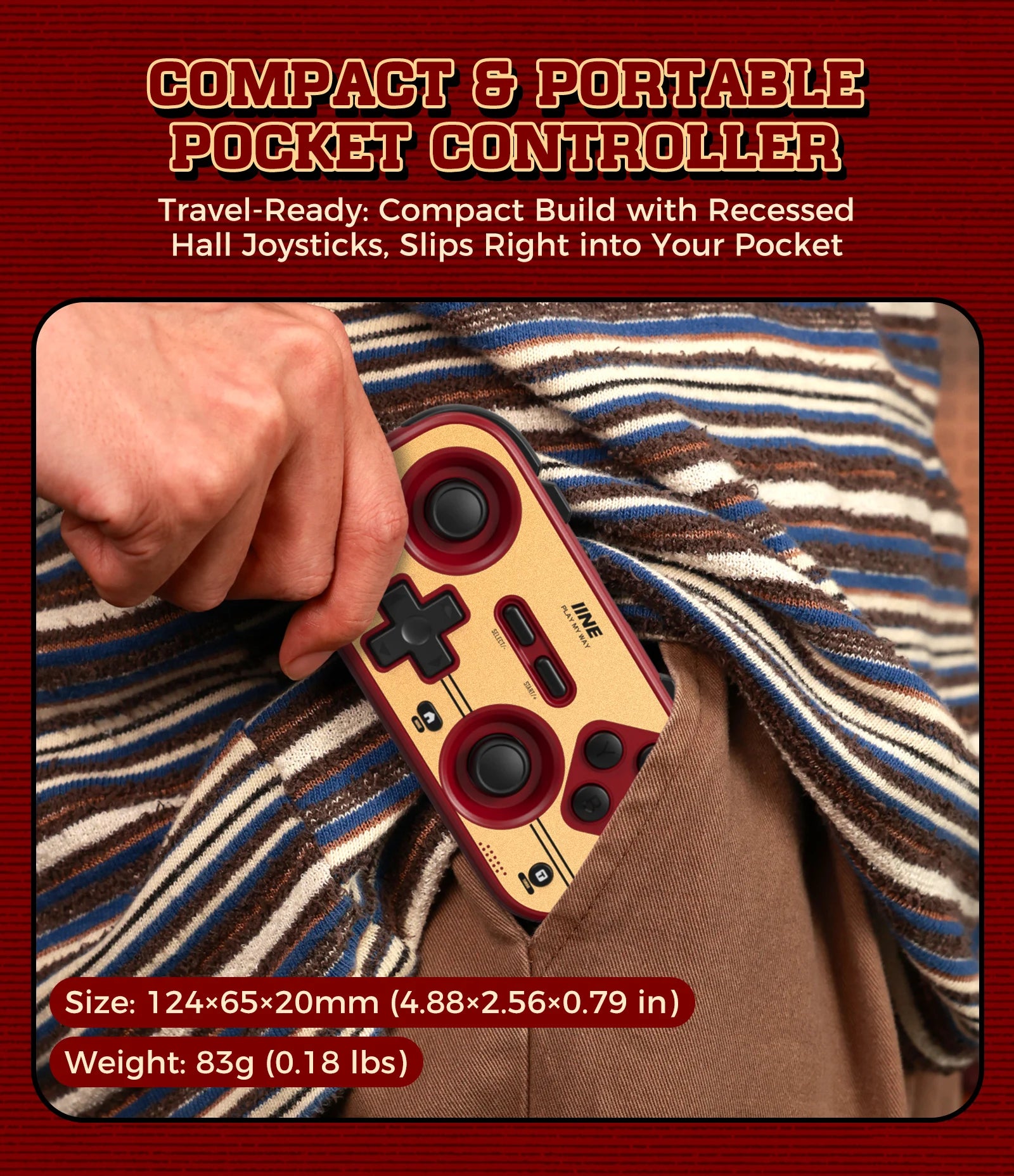 INE Retro Red Pocket Controller - Hall Effect Joysticks, 1000Hz Polling Rate, 6-Axis Gyro, Portable for Switch/PC/Mobile