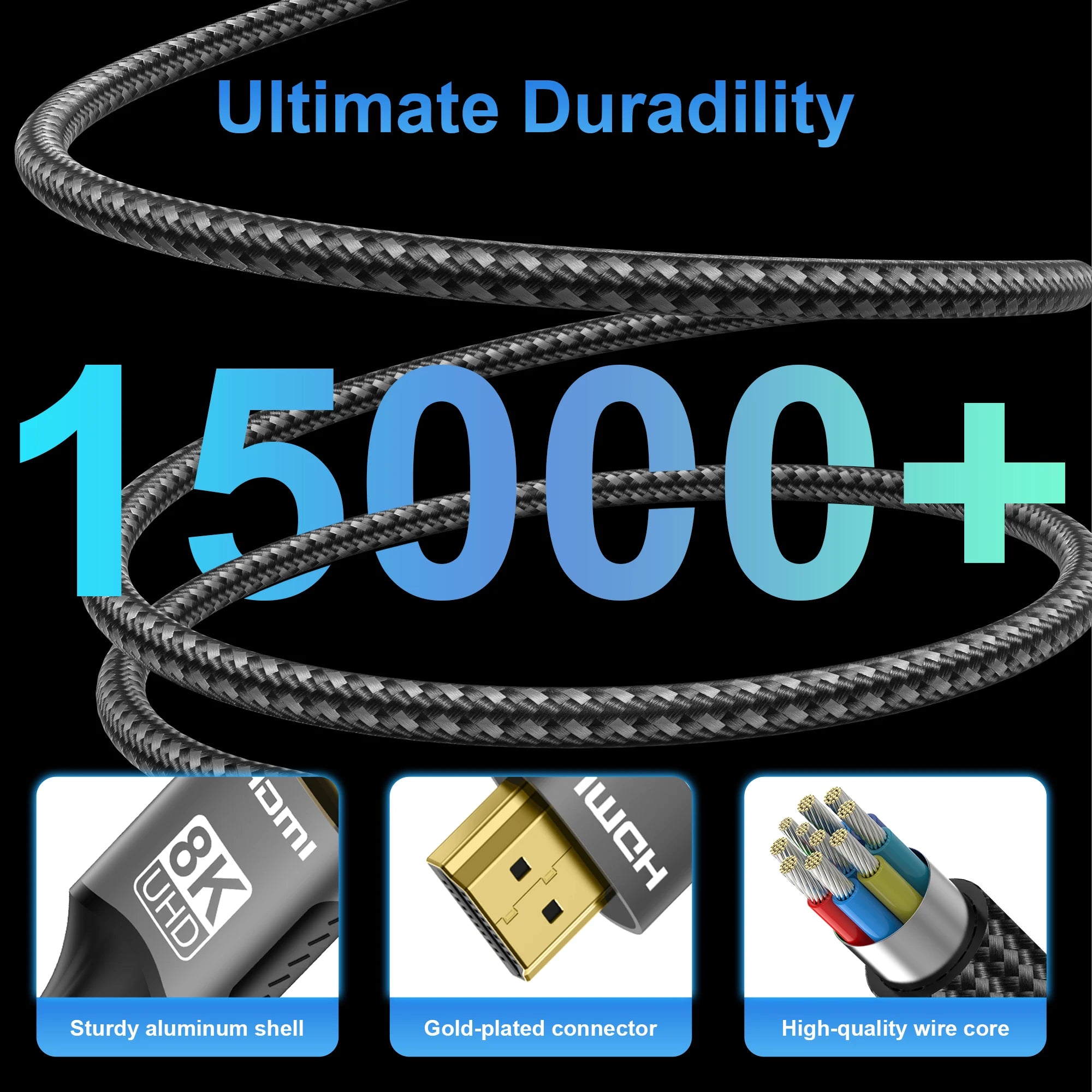 8K HDMI 2.1 Cable – 48Gbps Ultra High-Speed, 4K@120Hz / 8K@60Hz, eARC/ARC, HDCP for PC, Laptop, Projector, HDTV, PS5 (1m/2m/3m)