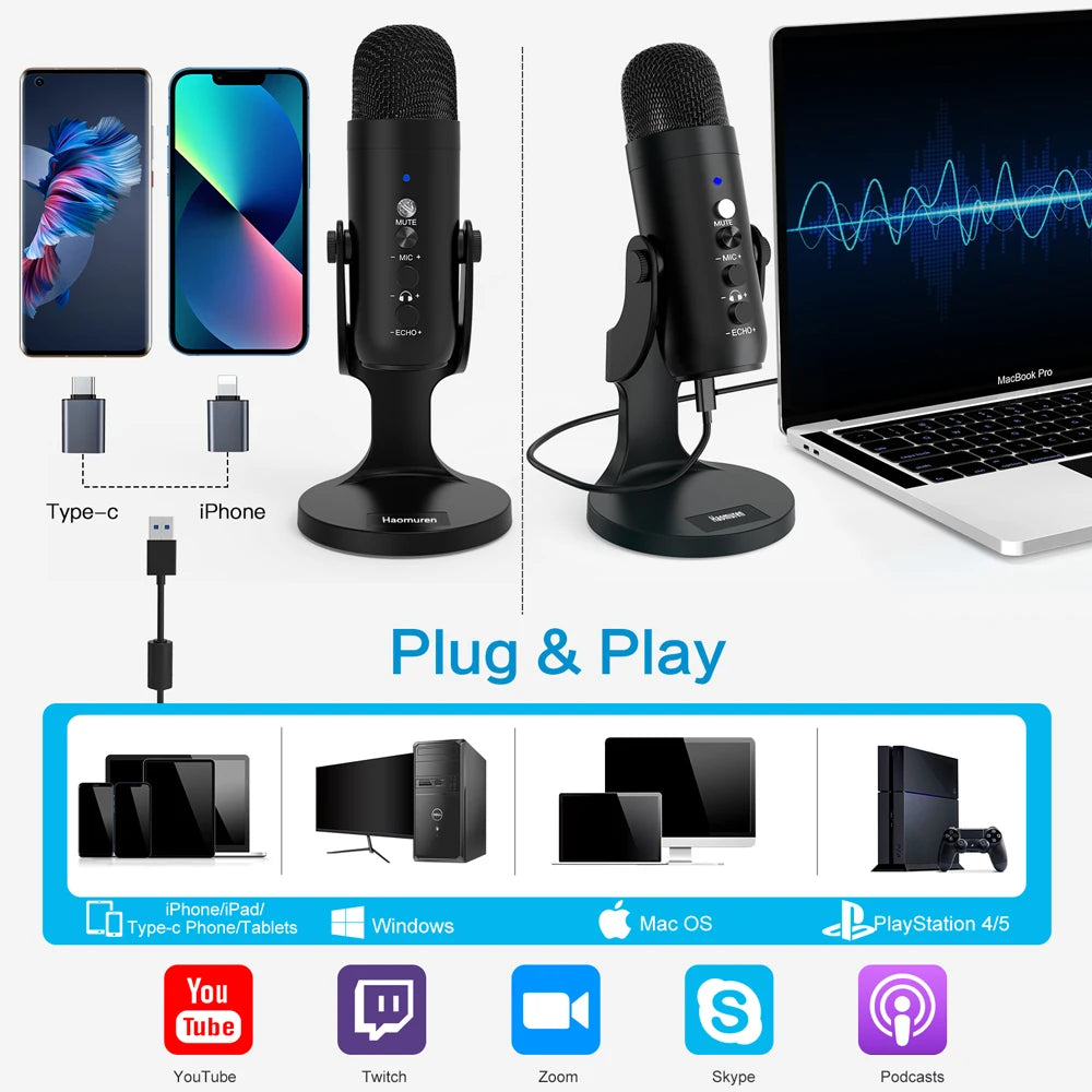 Haomuren USB Microphone for PC Mac Gaming Recording Stream Podcast, Computer Condenser Mic with Phone Adapter Headphone Output