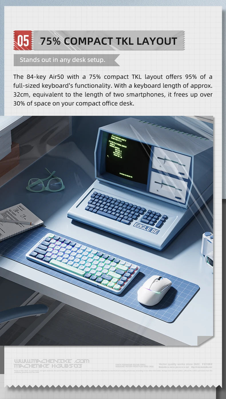 MACHENIKE AIR50 Low-Profile Mechanical Keyboard – 75% Layout, Hot-Swap, RGB Backlit, Tri-Mode, Productivity Keyboard for Laptop & PC