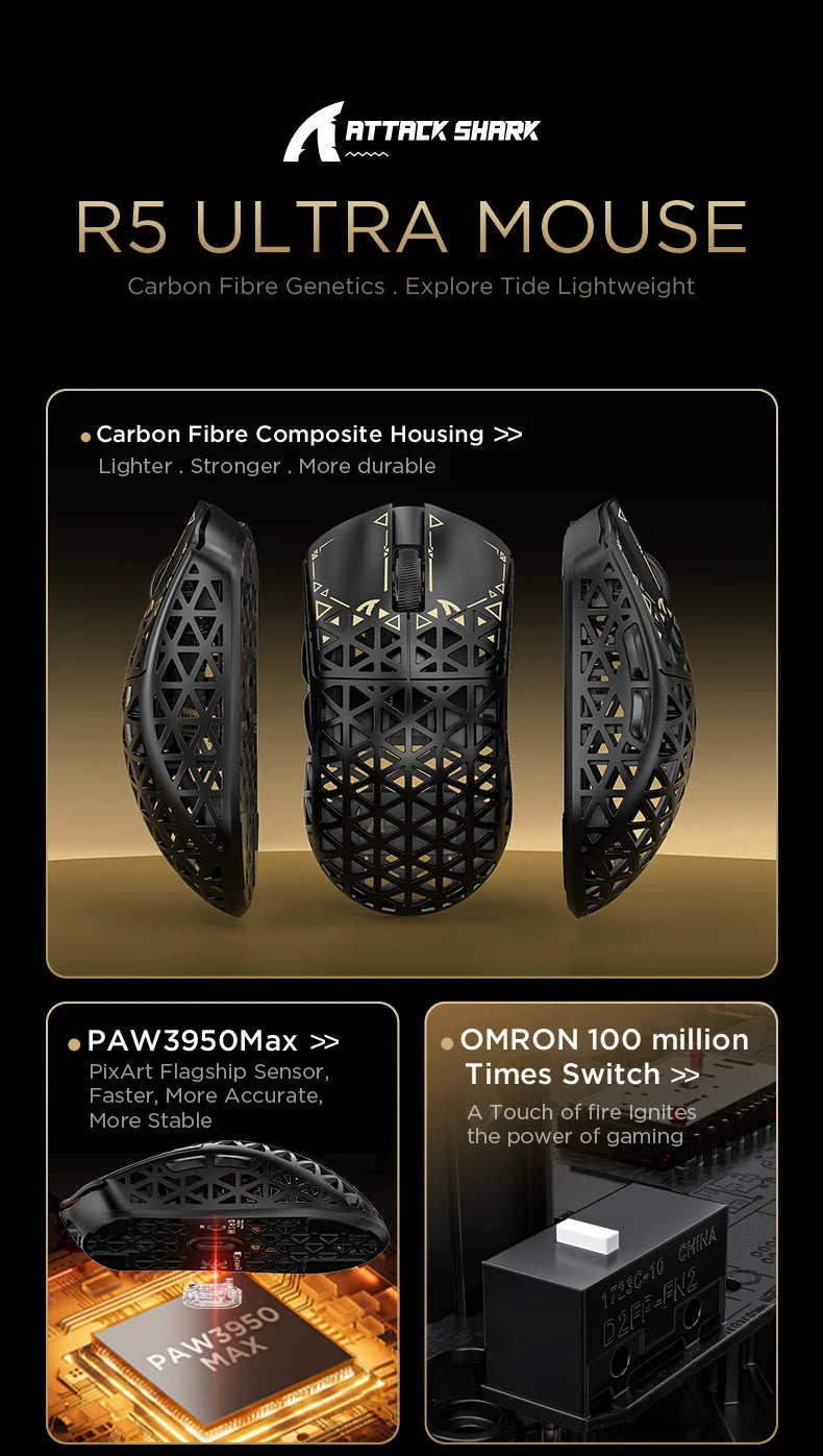 ATTACK SHARK R5 ULTRA Wireless Gaming Mouse – 8K Polling Rate, PAW3950MAX Sensor, 42,000 DPI, Carbon Fiber Ultra-Light, Pro Esports Edition