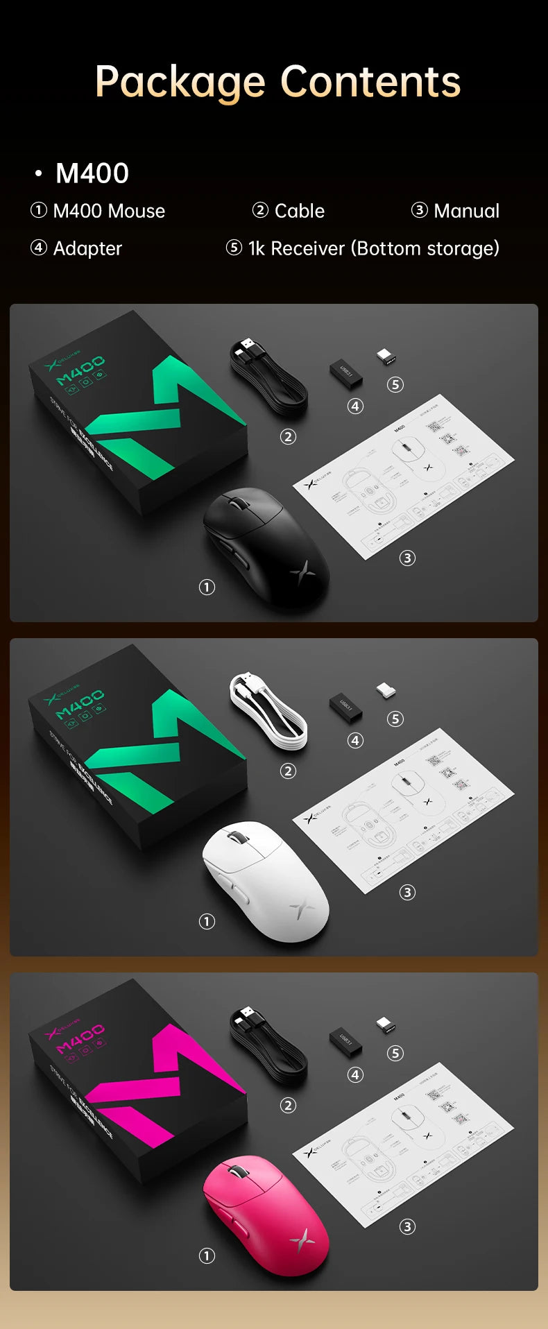 Delux M400 Wireless Gaming Mouse – 24,000 DPI, 1KHz Polling Rate, PAW3311 Sensor, Tri-Mode, 500mAh Rechargeable, for All Hand Sizes