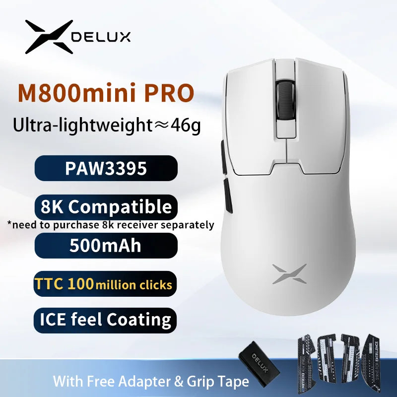 Delux M800 Mini Wireless Gaming Mouse – 46g Ultralight, 2.4G Wireless, RGB, Honeycomb Design, PAW3395/PAW3311, 1KHz Polling, for Small–Medium Hands