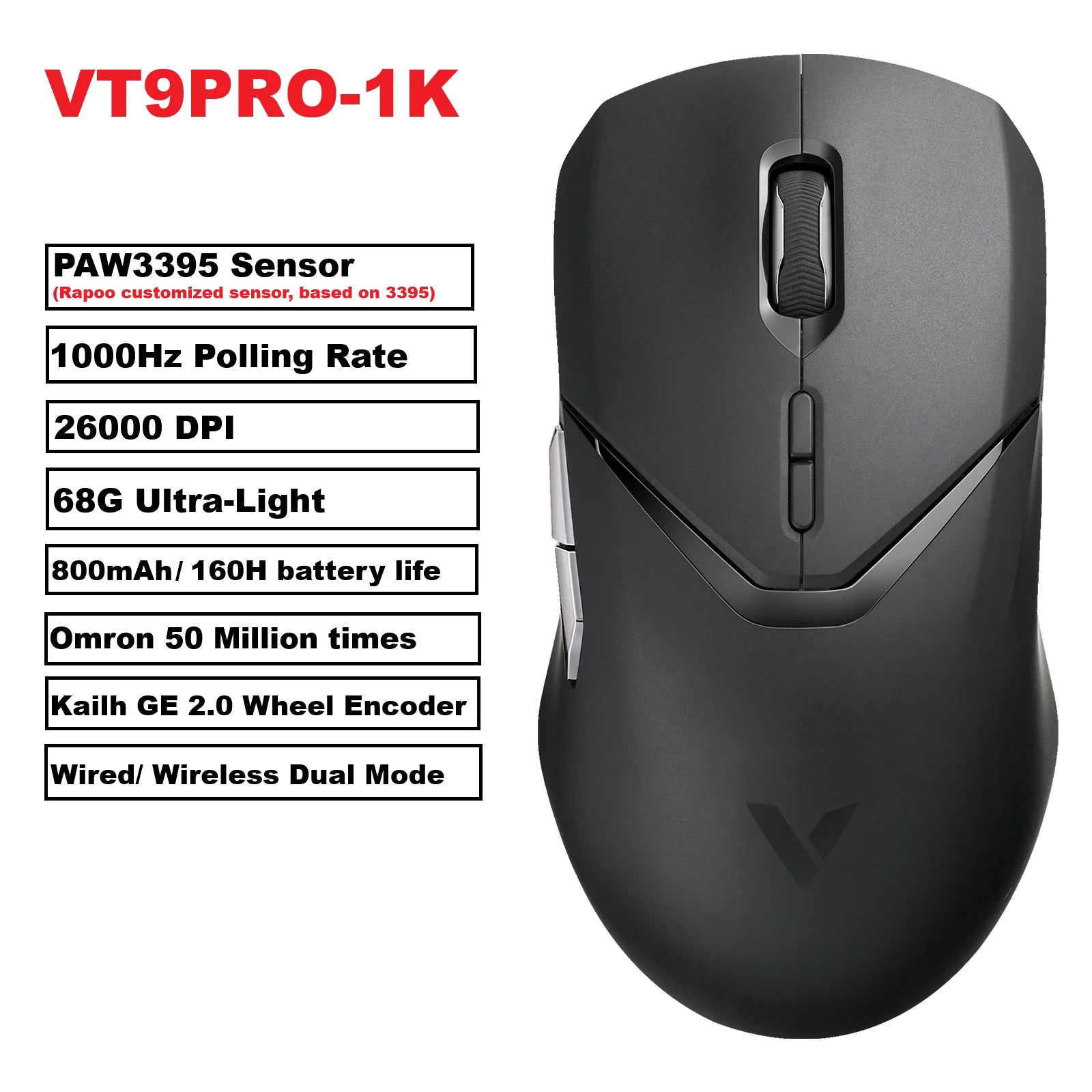 Rapoo VT9 PRO Wireless Gaming Mouse – PAW3398 Sensor, 26,000 DPI, 68g Lightweight, Wired & Wireless, 160H Long Battery Life