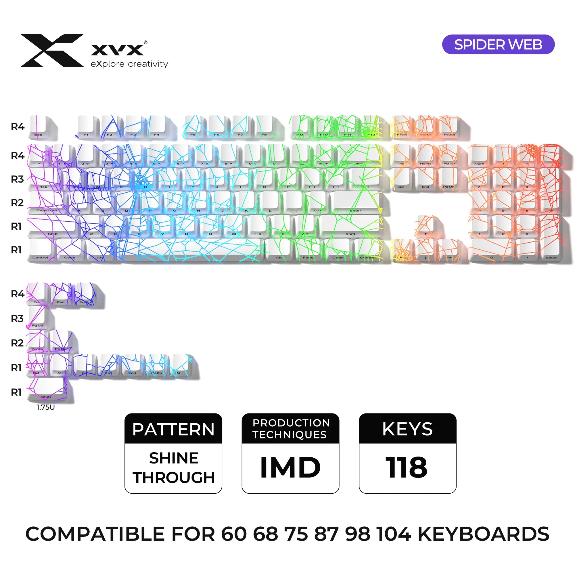 XVX Spider Web Keycaps – OEM Profile, Shine-Through IMD-Tech Keycap Set, 118 Keys, Black Backlight (Keycaps Only)