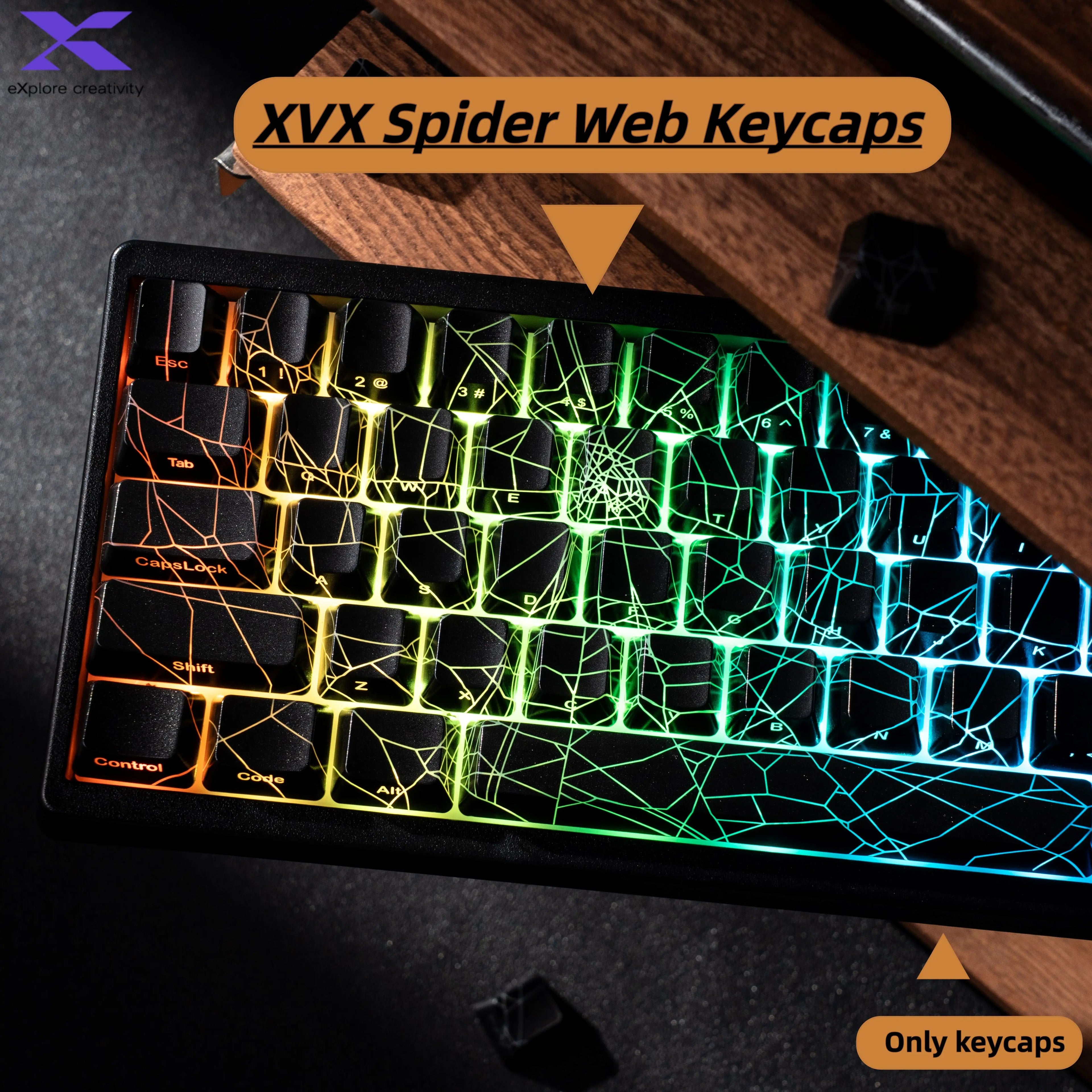 XVX Spider Web Keycaps – OEM Profile, Shine-Through IMD-Tech Keycap Set, 118 Keys, Black Backlight (Keycaps Only)
