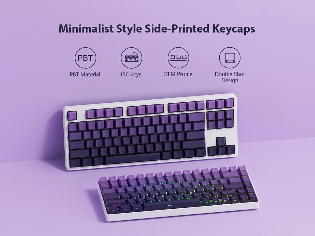 136 Keys Side-Printed PBT Keycaps – Gradient Purple, Double-Shot Shine-Through, OEM Profile, for Gateron MX Switches